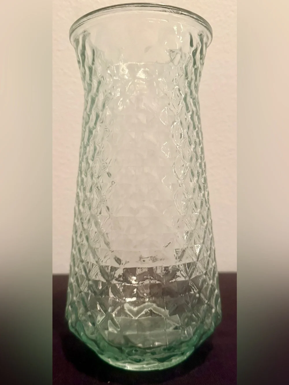 Paula DPS Diamond Pattern glass vase. 9” slight green tint.